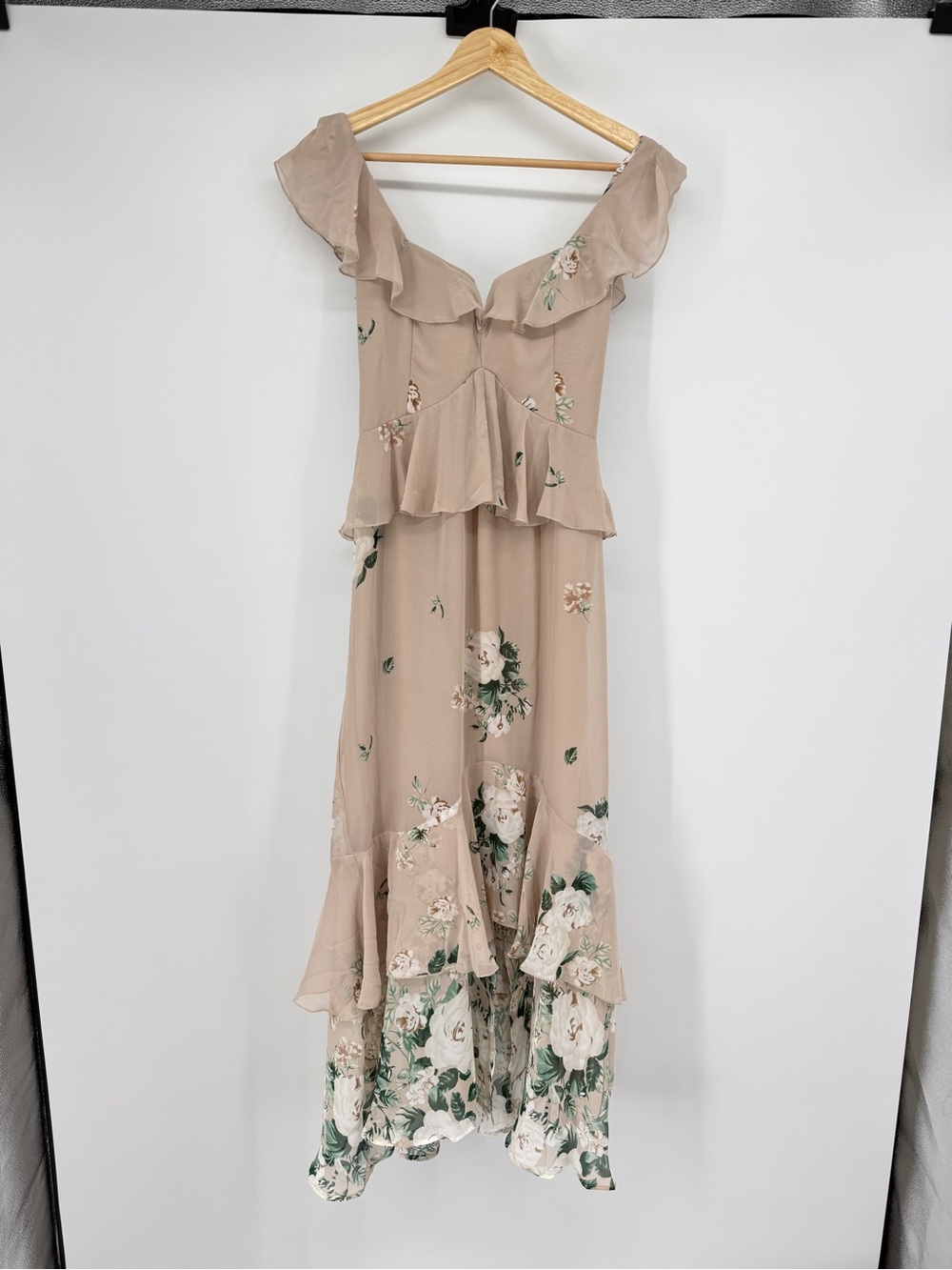 Show Me Your Mumu Floral Ruffle Midi Dress XS Beige Romantic Cottagecore - Picture 3 of 15